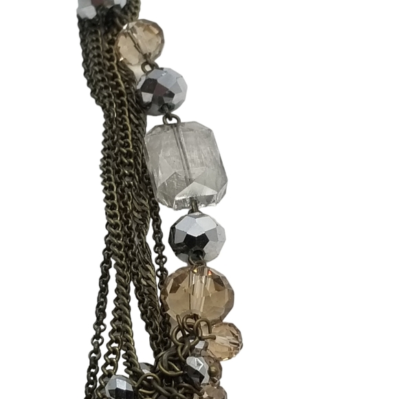 ANTIQUED BRASS LAYERED CHAIN NECKLACE WITH FACETED CHAMPAGNE GLASS BEADS - Picture 4 of 4